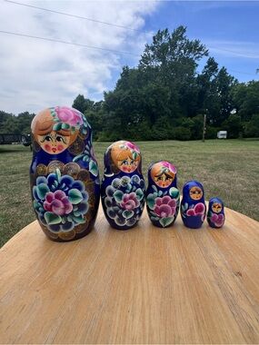 Blue Floral Matryoshka Nesting Dolls - Hand-Painted Set of 5- 6” tall